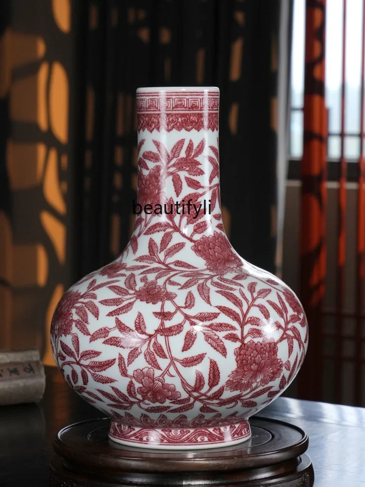 

Glazed Red Peony Flower Picture WideBelly Bottle Jingdezhen Ceramic Chinese Style Living Room Flower Arrangement Home Decoration