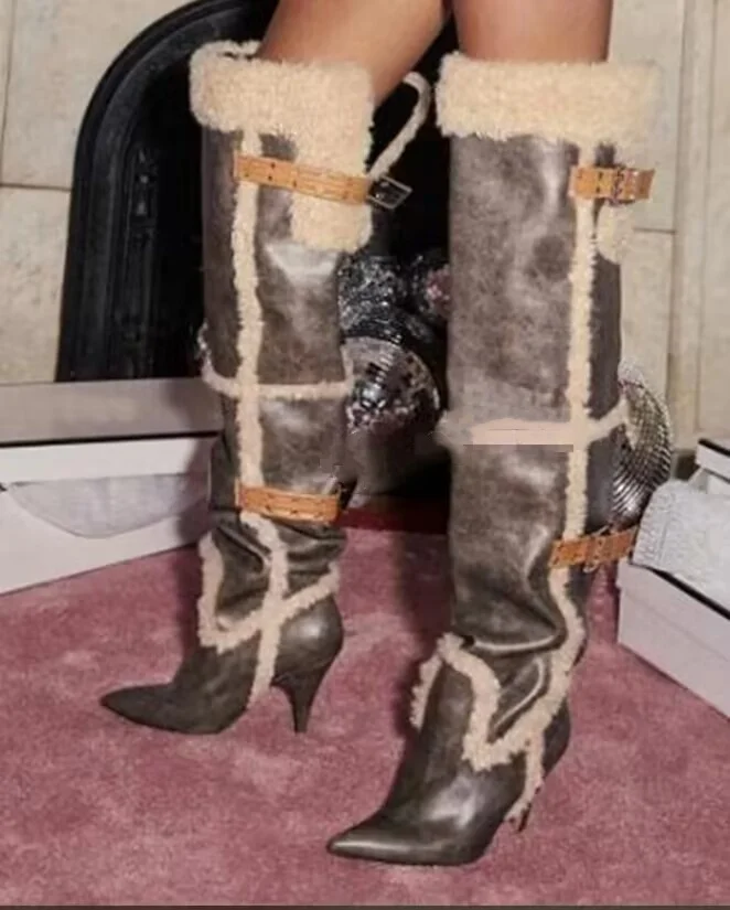 

Brown Splicing Style Fur Pointed Toe Over-The-Knee Women Winter Boots Stiletto High Heels Buckle Strap Design Large Size Shoes