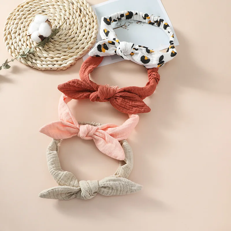 Children Pure Cotton Rabbit Ears Headband Europe and America Girls Top Knot Baby Hairband Kid\'s Ribbon Bows Hair Accessories