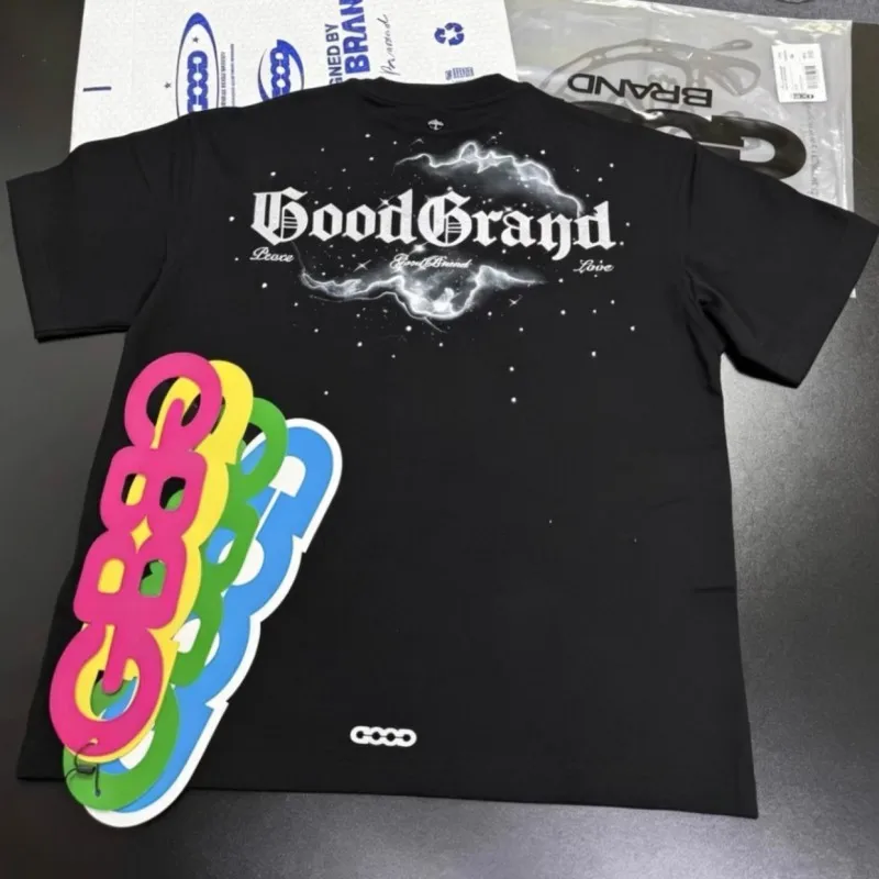 Summer Street Outfit Rhinestone Logo Nebula Print Black GOODBRAND Tshirt Cotton Round Neck Short Sleeve Casual Men WomenTops