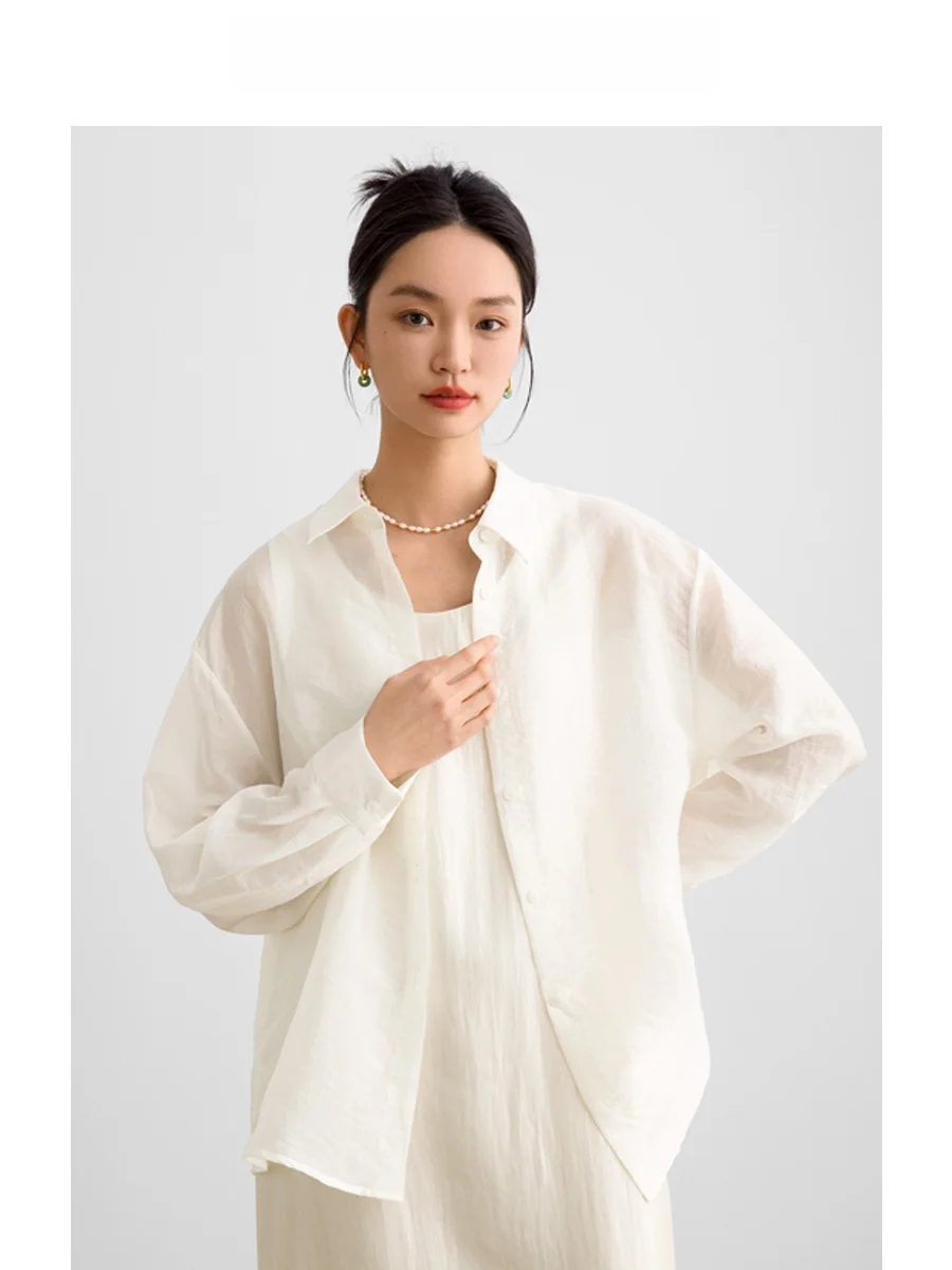 

ROCO Summer New Pearl Color Loose Silk Shirt Lightweight Design Sensation Mid-Length Outer Sun Protection Top Women's Fashion