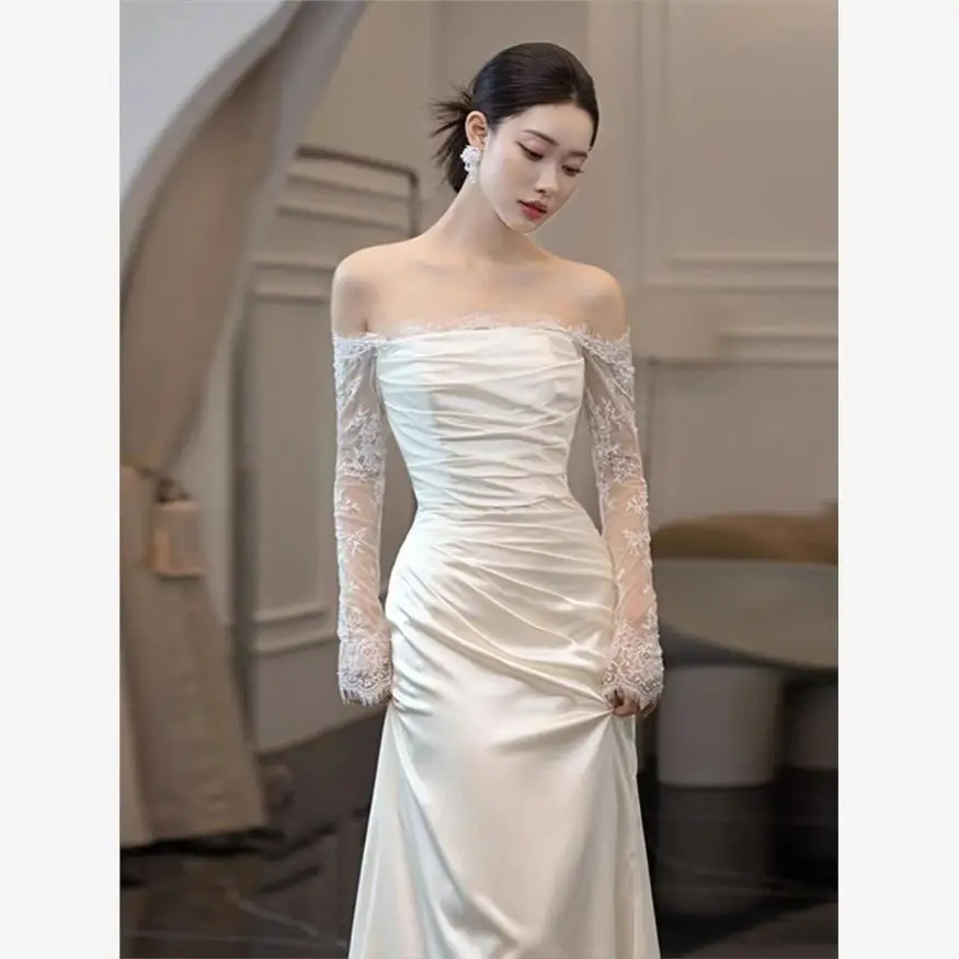 

Ele Lace Wedding Dr One oulder Satin Fi Tail Long Sve Floor Length out Door Bride Gown Polyester Fabric