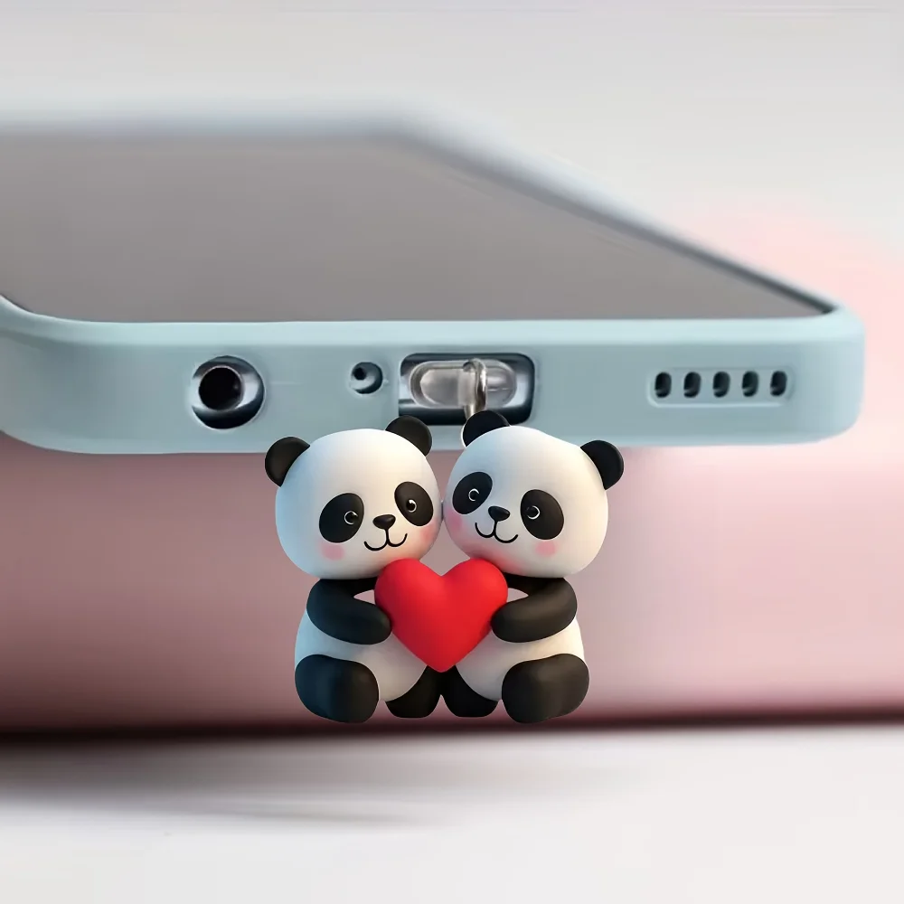 1 Pcs Cute Couple Panda Design Dust Plug 2D Acrylic Phone Dust Stopper Pendant for iPhone Type-C Charger Port Cover Anti Dust