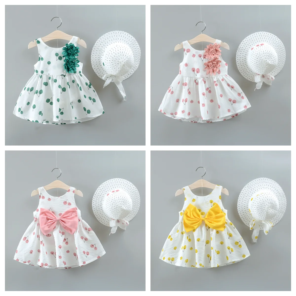 2-Piece Summer Girls' Sleeveless Dress And Sunshade Hat Baby Cherry Print Flower Bow Cut Out Beach Cool Dress