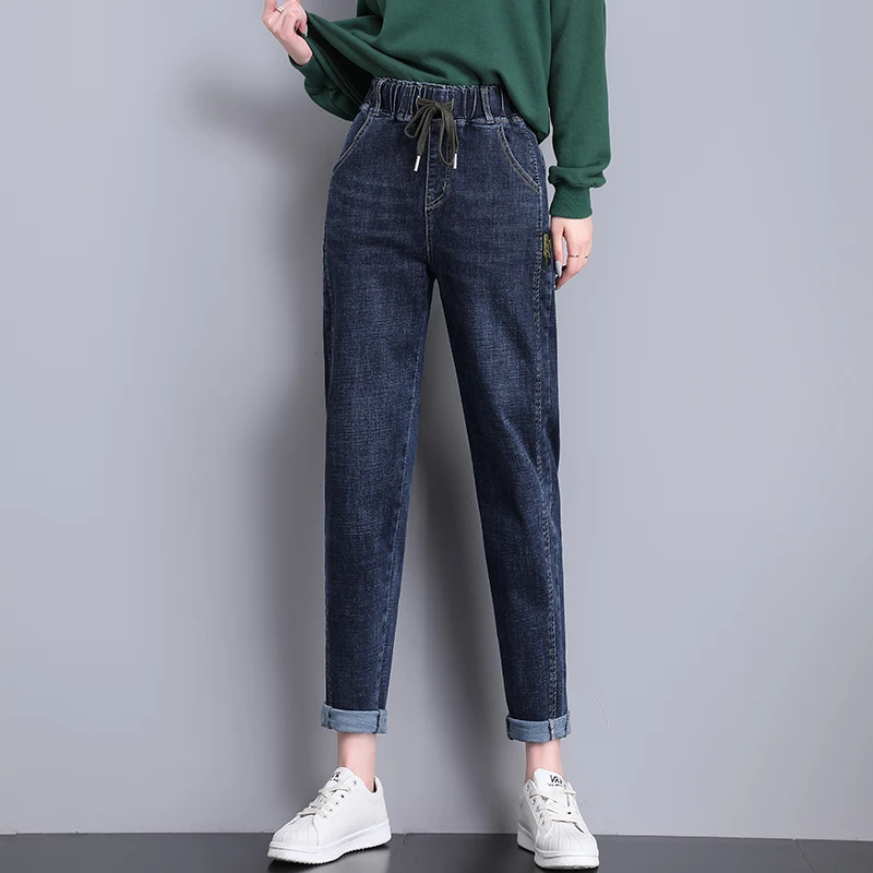 High Waist Elastic Waist Denim Jeans Women's Loose Fit Casual Harlan Cuffed Skinny Jeans Cotton Stretch Denim Fall Season