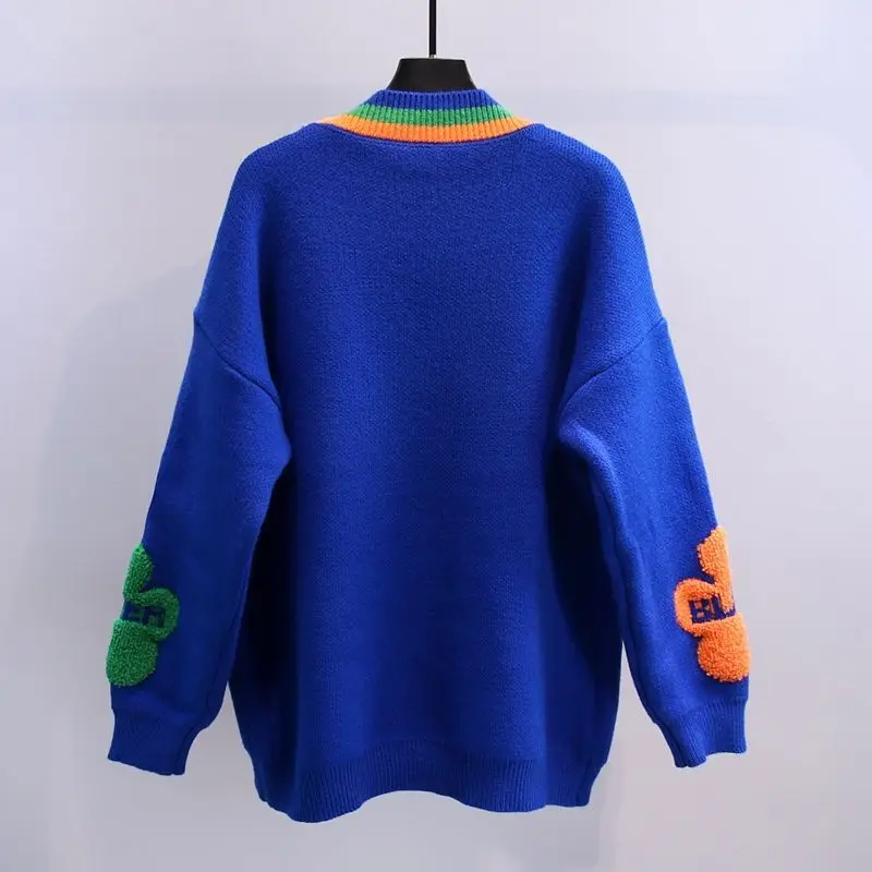 Blue Acrylic Knit V-Neck Letter Flower Casual Women\'s Cardigan Sweater Single Breasted Cardigan For Women Clothing Thick Winter