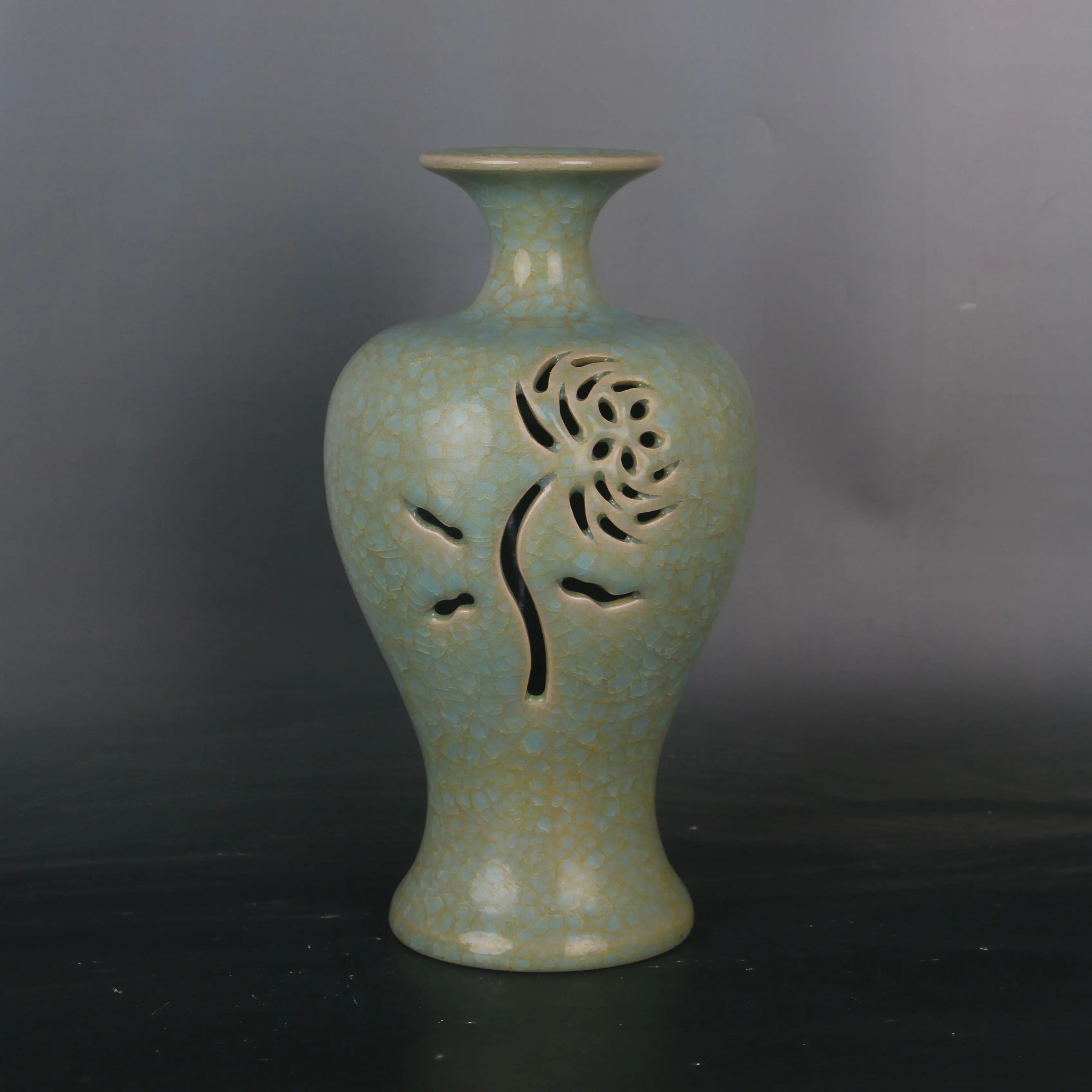 Song Guan Ware Ice Crackle Openwork Floral Meiping Vase Vintage Chinese Ceramic Home Decor Collectible