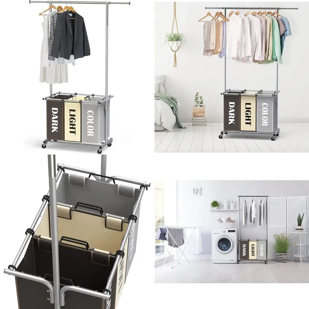 

Tri-Section Laundry Organizer with Expandable Hanging Bar and Assorted Colored Bags