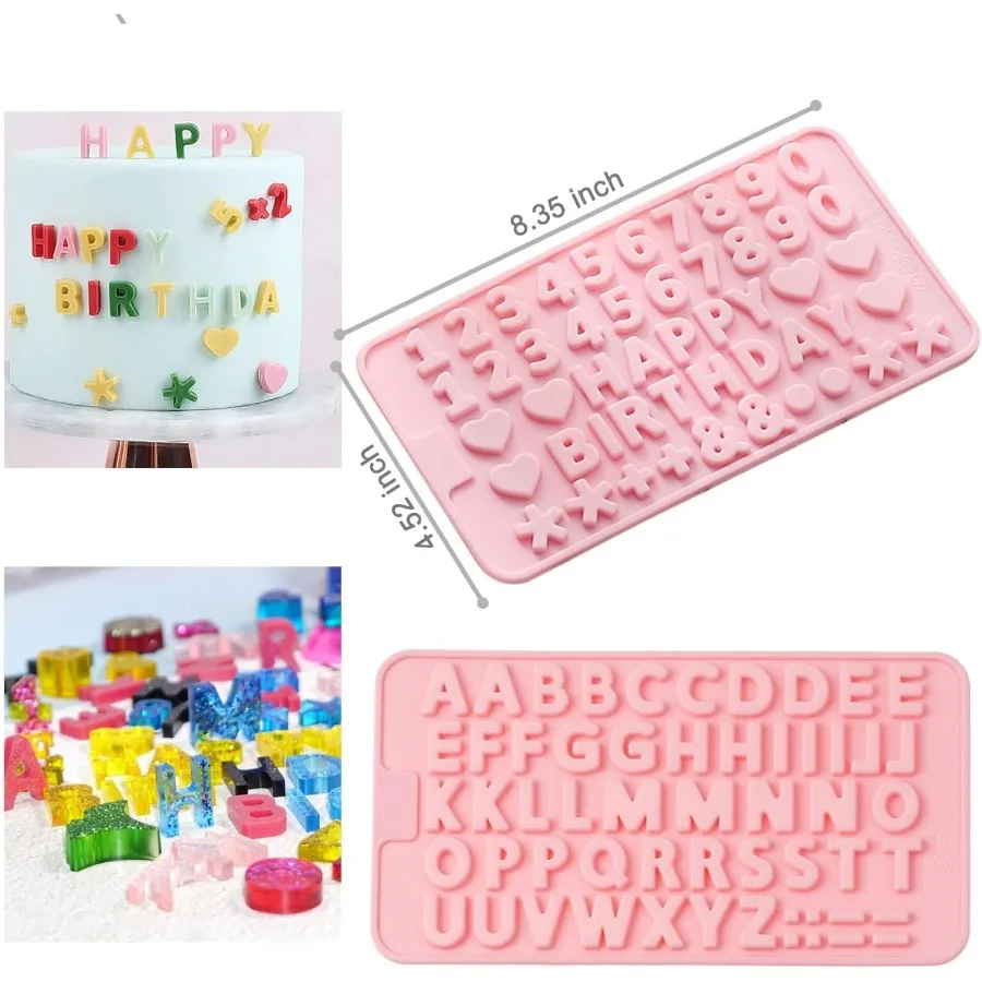 Small Letter Number Silicone Molds Set Candy Chocolate Non-stick Happy Birthday Cake Decorations Baking Mould 2 Pieces Pink