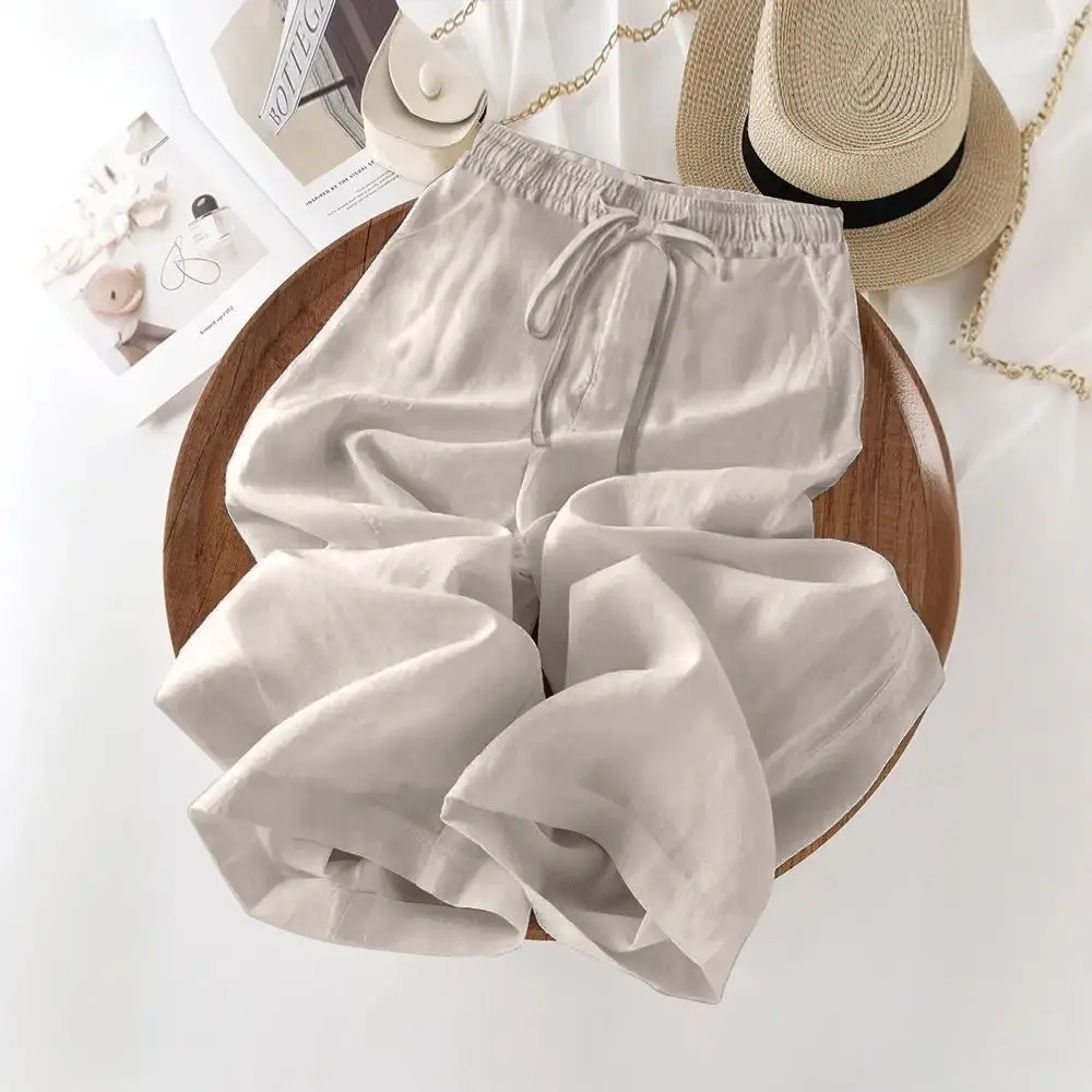 

Женские повседневные брюки больших размеров из хлопка и льна, свободные, прямого кроя, с высокой талией и шнурком, весна-лето, новый стиль