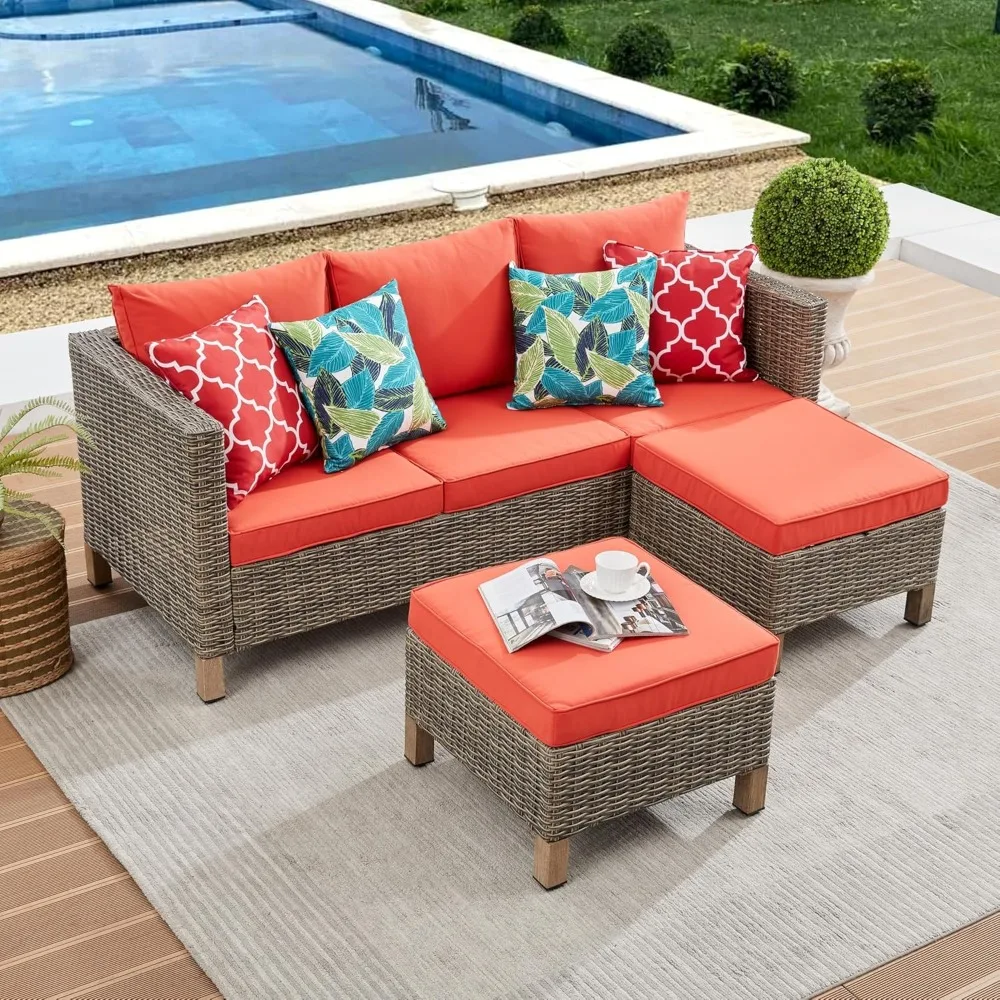 Outdoor 3-Piece Wicker Conversation Set, Rattan Segmented 3-Person Sofa with Ottoman, Patio Furniture Sofa with Non-Slip Mats