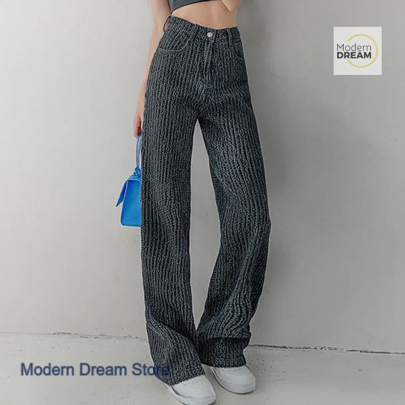 Autumn New Woven Jeans Wide-leg Pants Female Korean Style Fashion Temperament Leisure Students High Waist Mopping Pants