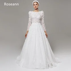 Customized Muslim A-line Wedding Dresses Applique Flowers Draped Pleat Full Paillette Bride Dresses Floor Length robe de mariée