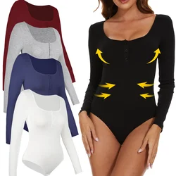 Women U Neck Body Shaper Long Sleeve Shapewear Sexy Ribbed Fitness Front Button Compression Bodysuit Tummy Control Outfit