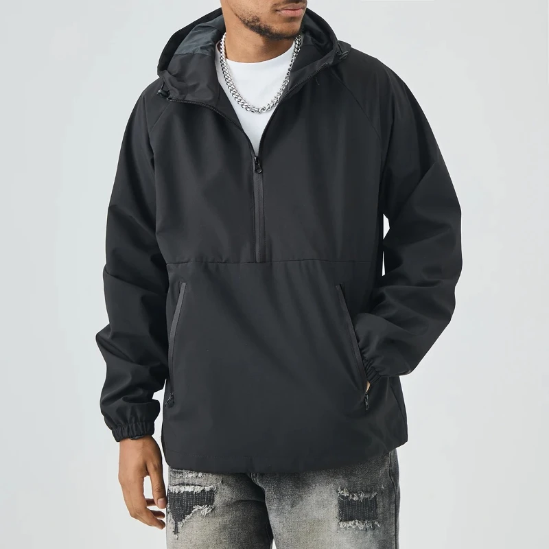 

Черная модная куртка с капюшоном, мужская свободная уличная водонепроницаемая толстовка для пешего туризма, уличная одежда, повседневные пальто с полумолнией и планкой