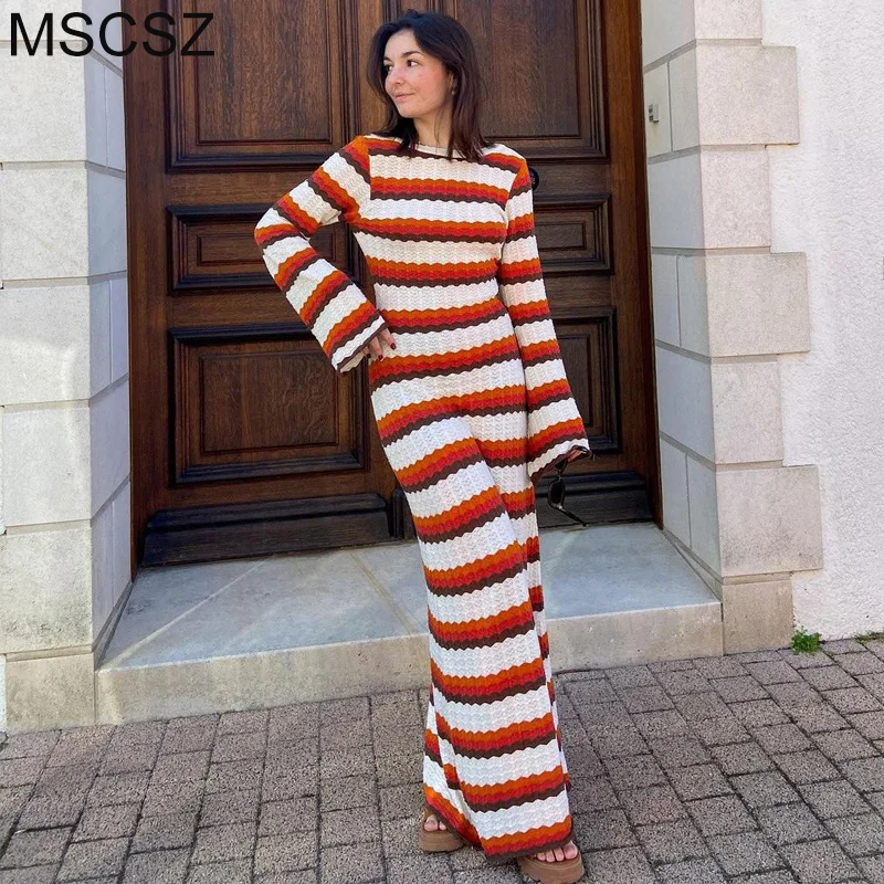 

Boho Style Striped Beach Holiday Dress 2024 Hollow Out Knitted Summer Dress Long Sleeve Backless Crochet Maxi Dress For Women