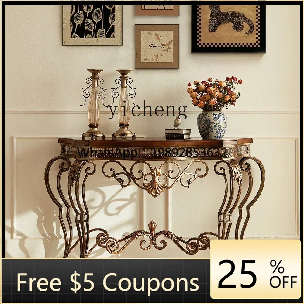 American Retro Entryway Console Table Iron Art Storage Table European Style Solid Wood Entryway Table