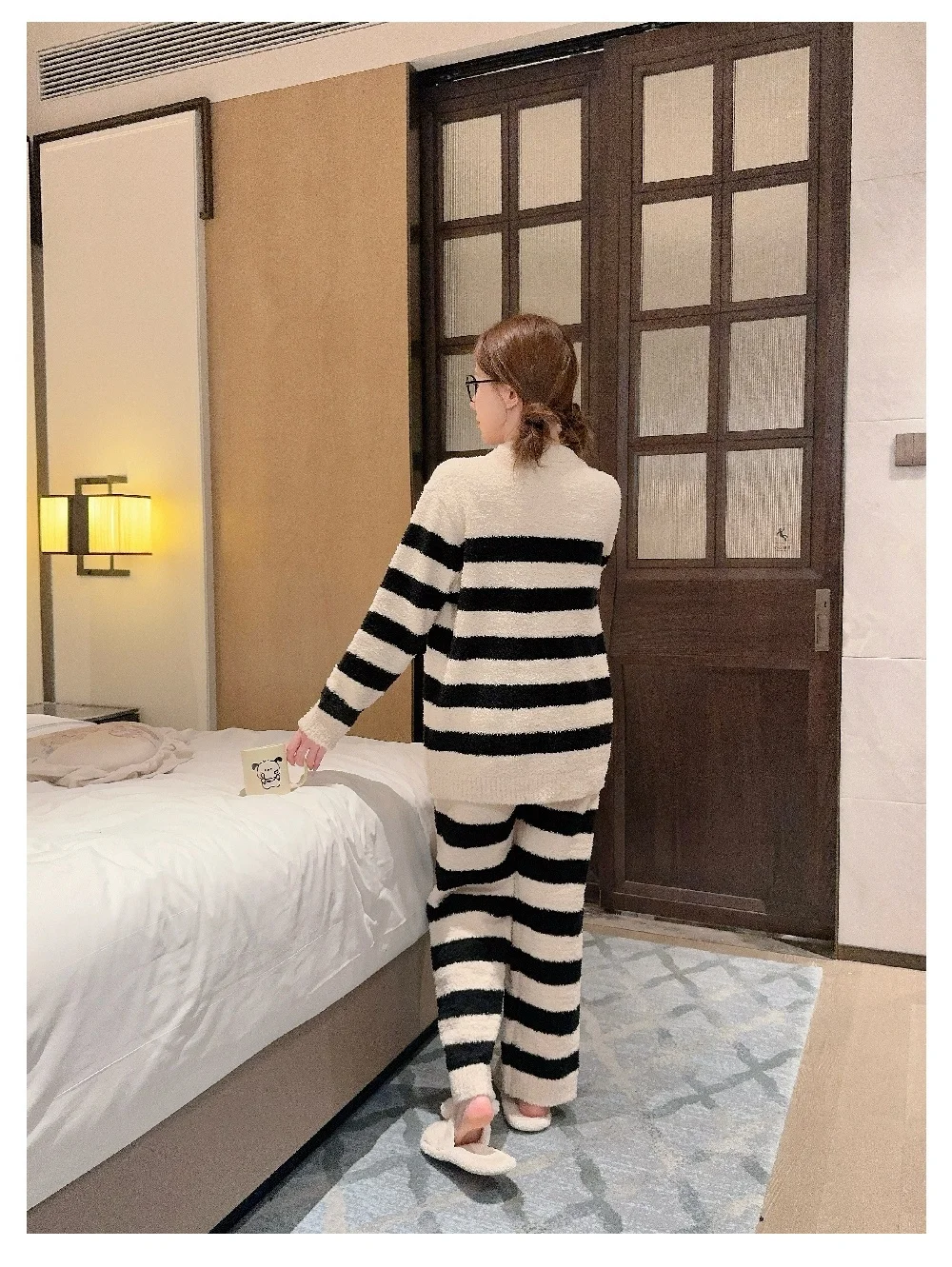 

Pajama Sets Green Women Japanese Sleep Set Pale Pink Printed Short Pants Buttoned Top Long-Sleeved Collared Chic Cotton Plain OL
