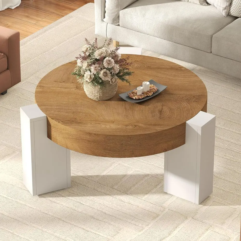 

Прочный деревянный журнальный столик с годовыми кольцами, диаметр 31,5 дюйма, толщина 3,1 дюйма, коричневый и белый, подходит для гостиной