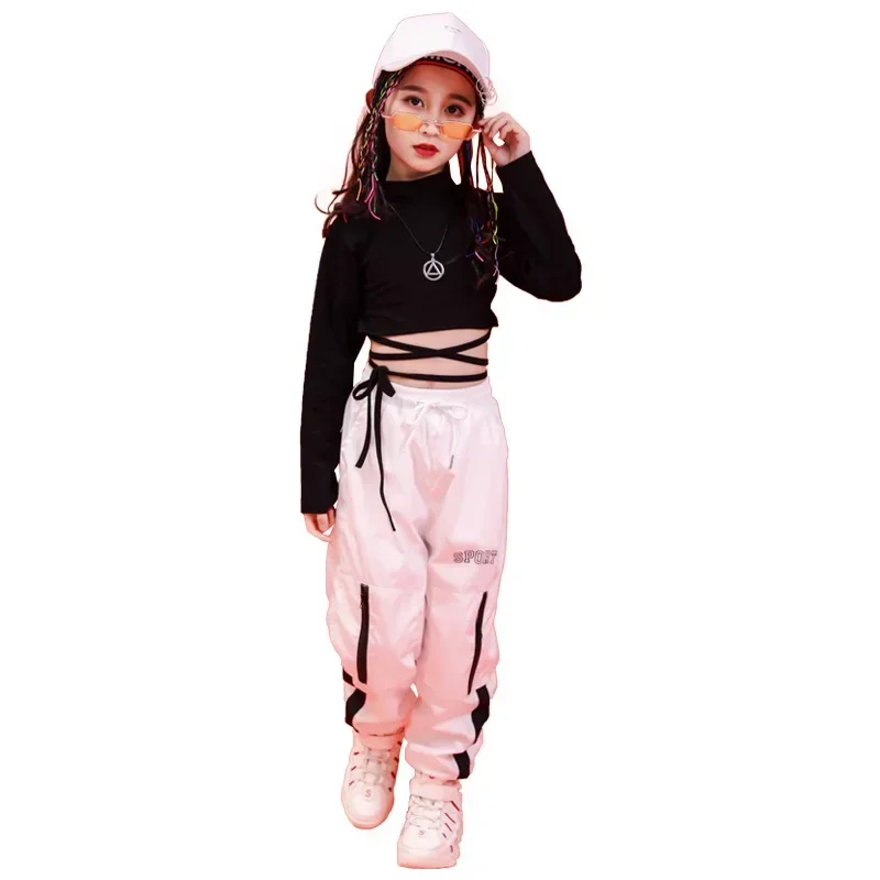 Traje de dança de jazz feminino, streetwear, calça jogger, top preto, manga comprida, camisa de renda, roupas para crianças, hip hop, branco