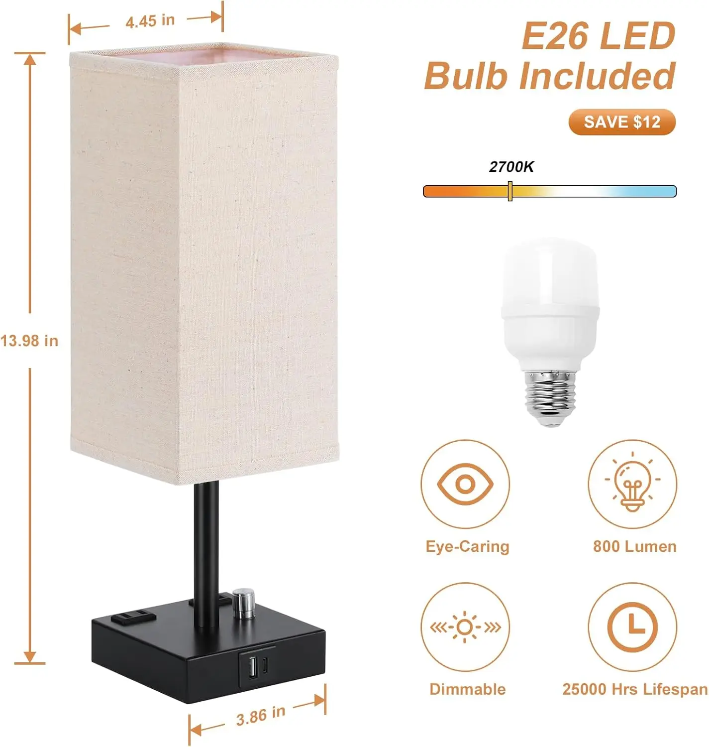 Lámparas de mesita de noche totalmente regulables, juego de 2 con puertos de carga USB C+A y salidas de CA, pantalla cuadrada de tela para dormitorio y sala de estar