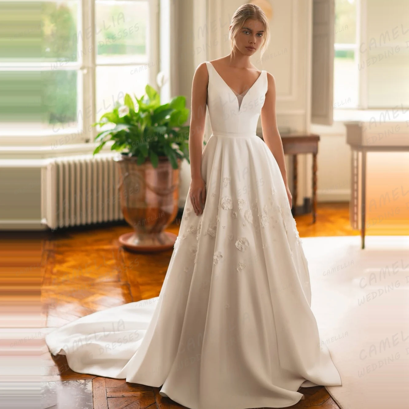 Simple Wedding Dresses Satin Customized Women's Lace A Line Bridal Gowns Sleeveless Elegant Vestidos De Novia Sweep Train Party