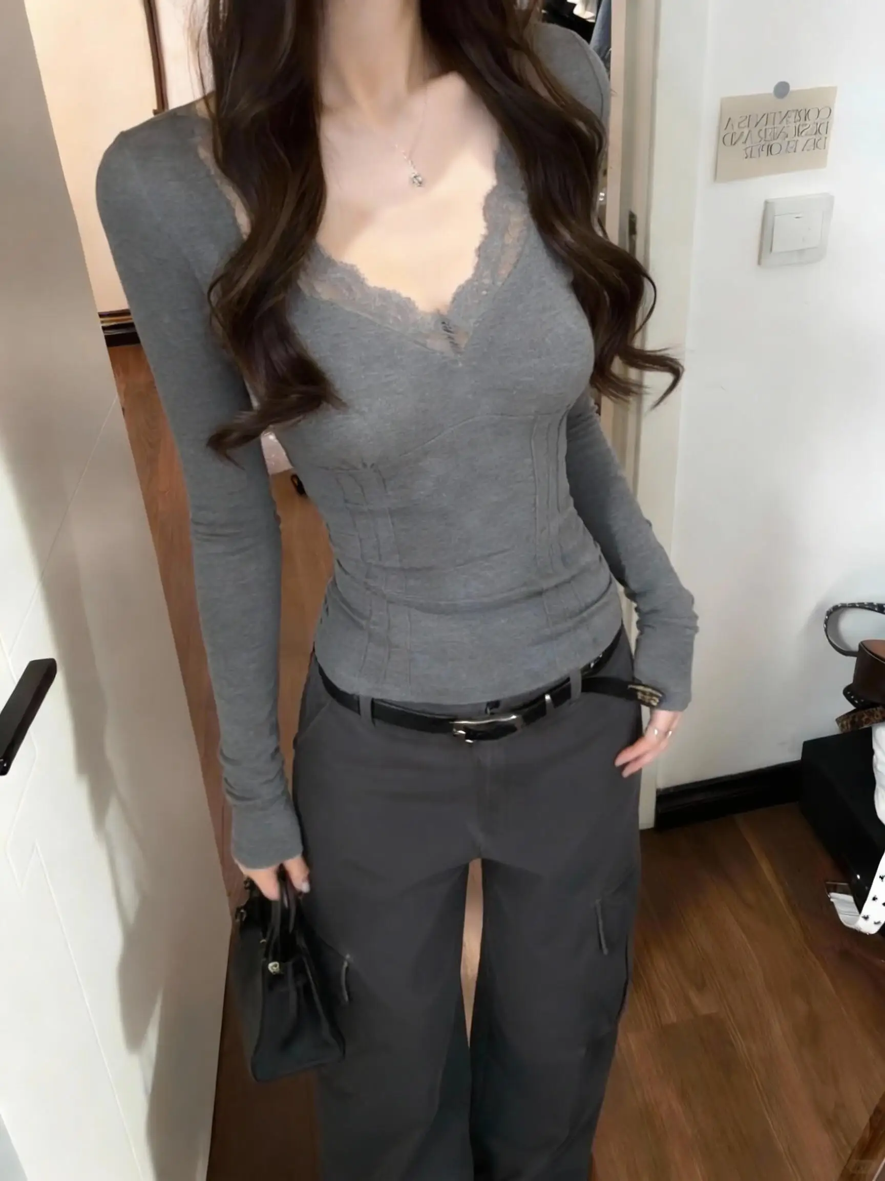 아메리칸 슬레 롱 슬리브 레이스 패치워크 티셔츠 여성용 초봄 BM 슬림핏 이너웨어 싱글 숄더 탑 시 워크