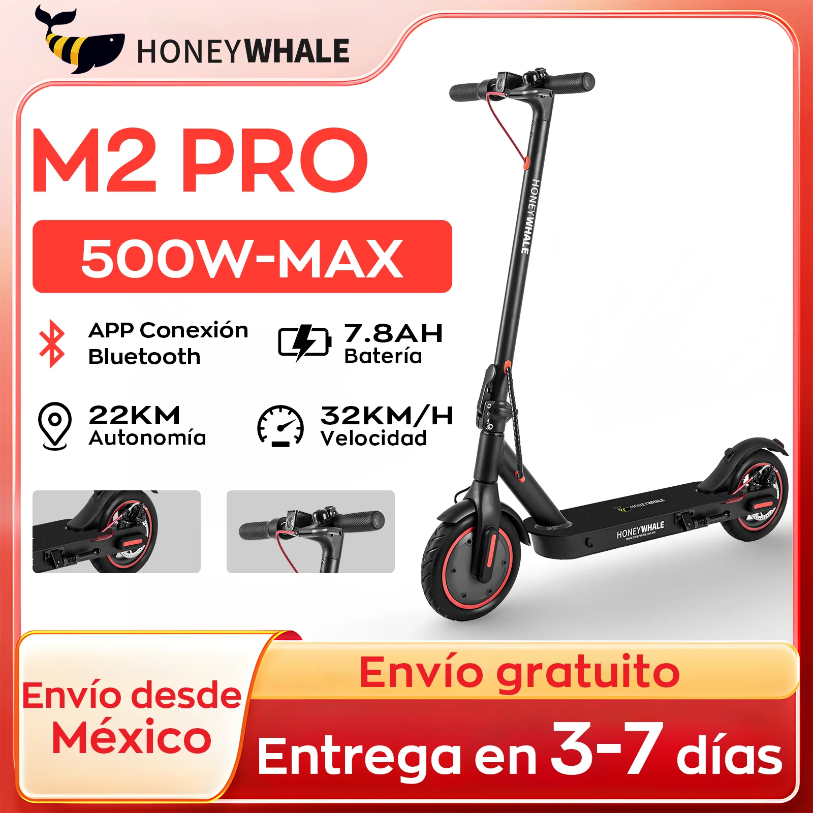 HONEYWHALE M2 Pro Scooter Eléctrico Plegable para Adultos, 500W Motor-MAX, Velocidad Máxima 32km/h, 22km con Una Marga Completa, Patin Eléctrico con Control de App Bluetooth