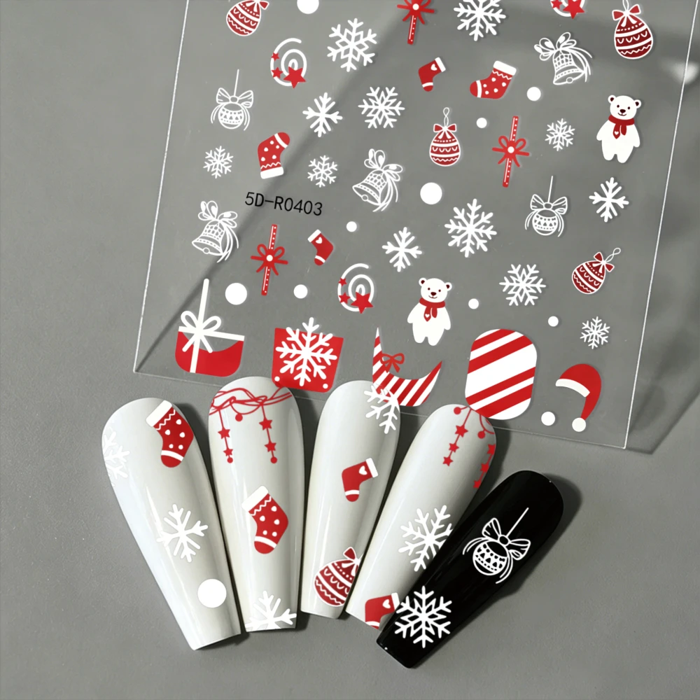 5D Embossed Red White Christmas Nail Stickers Snowflake Bear Bell Sock Gift Box Star Nail DecalsDIY Manicure Decor Accessories
