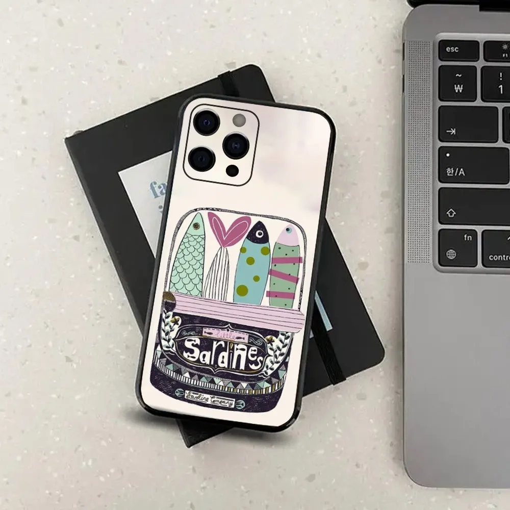 Fish Sardines Art Phone Case For Apple iPhone 15,14,13,12,11,Pro,X,XS,Max,XR,Plus,Mini Soft Black Cover image 4