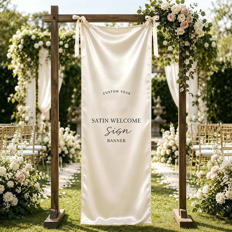 Personalized Satin Banner, Custom Event Sign, Come with White Ribbons, Party Backdrop, Birthday Banner, Wedding Welcome Decor