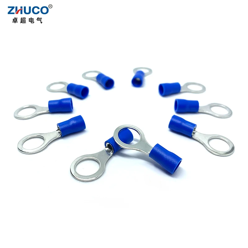 100 pces RVS2-8 anel AWG16-14 fio conector de cobre circular azul pvc isolado cabo elétrico friso terminal 1.5-2.5mm2