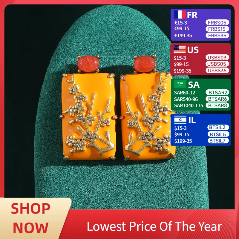 

Luxury Vintage Yellow Flower Earring Drop Square Stone Beeswax Gold Color Plum Blossom Antique Jewelry for Women Wedding New