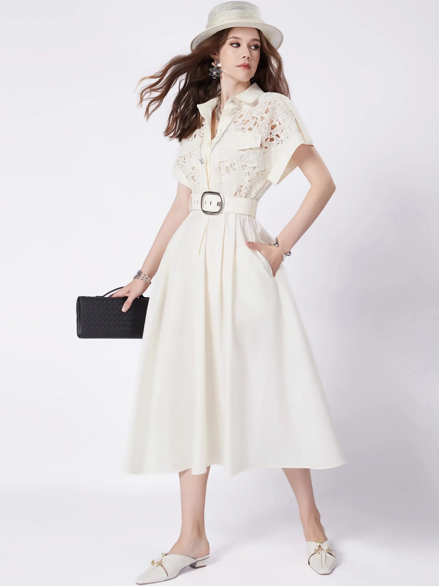 Elegant Hollow Out Lace Patchwork Midi Long Dresses Shirt Women Summer Turn Down Neck Short Sleeve Belt Evening Party Vestidos