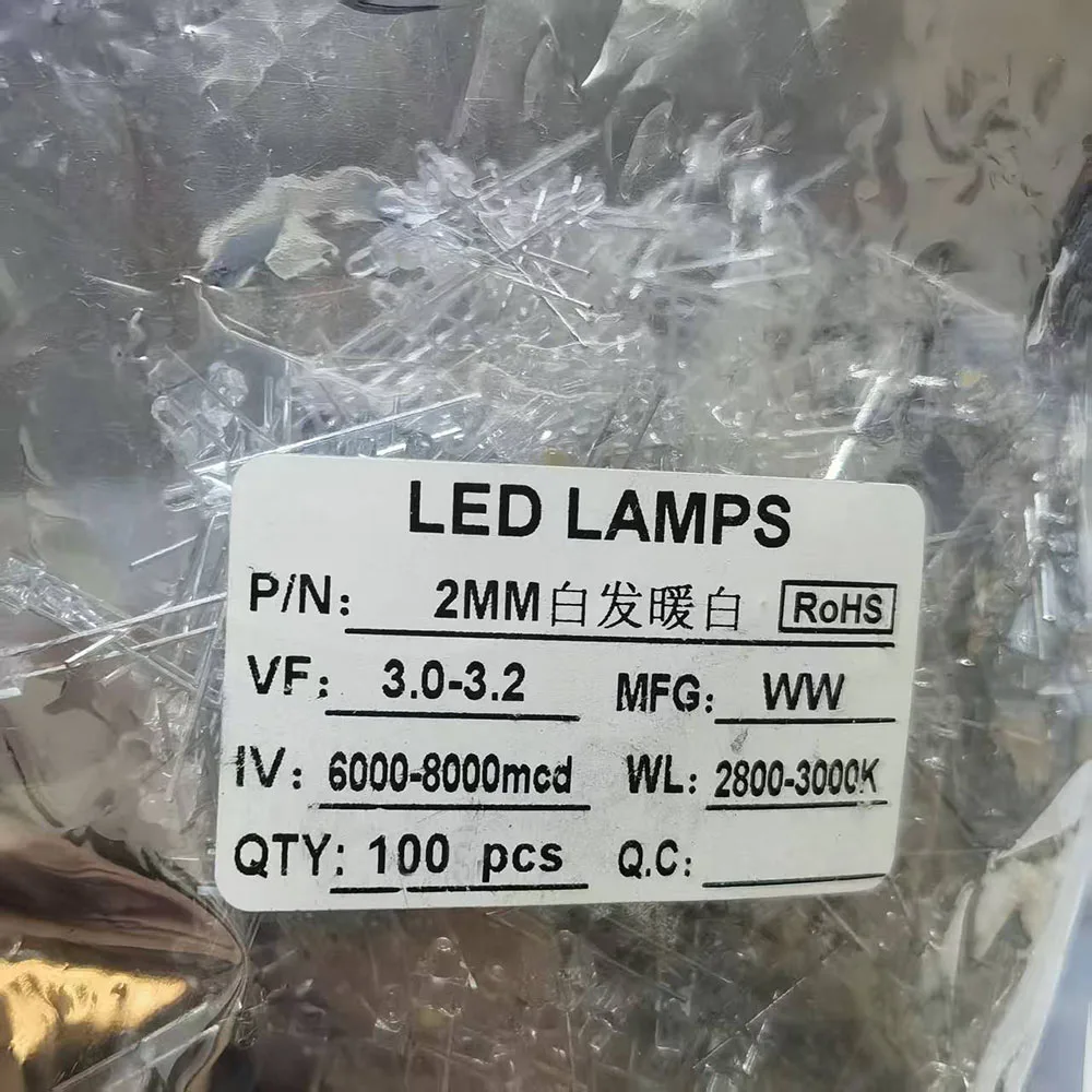 2mm flat top LED diffuse/water transparent white warm white red yellow blue green orange LED lights 100pcs multi-color