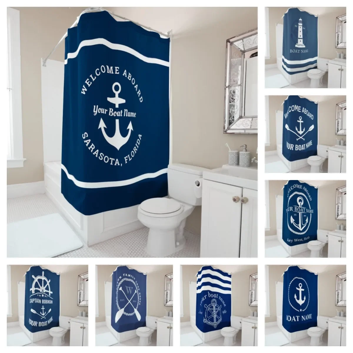 Custom Boat Name Shower Curtain Nautical Waterproof Bathroom Decor Anchor Design Personalized Beach Theme Home Accessory