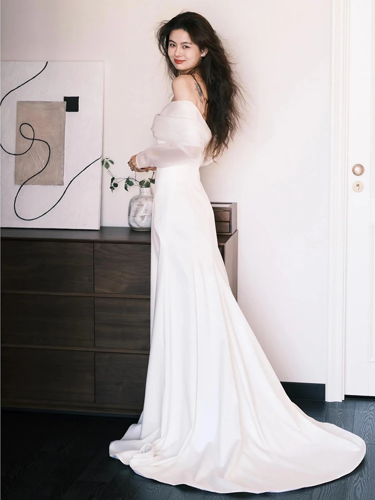 Matrimonio leggero in raso di seta Dr One oulder Abito da sposa lungo Sve Foto di viaggio all'aperto Nuovo vestito Ele 2025