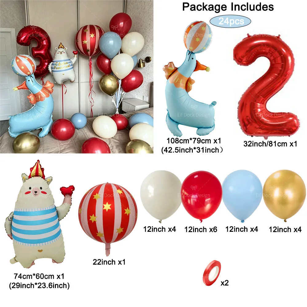 24 Stück Zirkus-Stehballons mit Seelöwen, Liebesherzen und Bären aus Aluminiumfolie für Geburtstags- und Jubiläumspartys, Heimdekoration – Detail 2