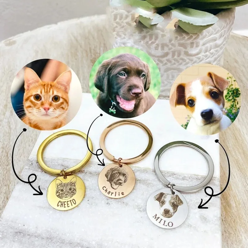 

Pet Sketch Engraved Necklace + DIY Pet Keychains - With Portrait/Kittens/Puppies Personalized Gift