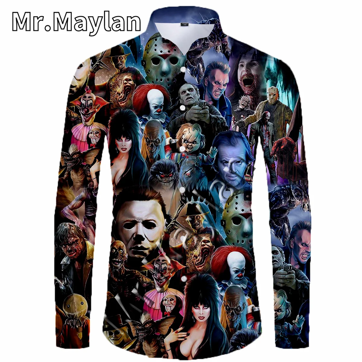 Halloween Skull 3D Beach Hawaiian Shirt 2022 Horror Movie Long Sleeve Streetwear Oversized 5XL Clothes Social Chemise Homme  A43