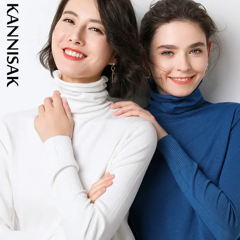 Sweter damski z golfem ciepły zimowy solidny koreański rozciągliwy szczupła dama swetry kaszmirowy czarny sweter sweter Femme podstawowa dzianina