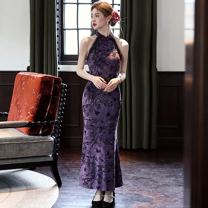 

Новое женское роскошное летнее ципао 2026 года: фиолетовое, в китайском стиле, с вырезом «русалка», улучшенный фасон, для молодых женщин