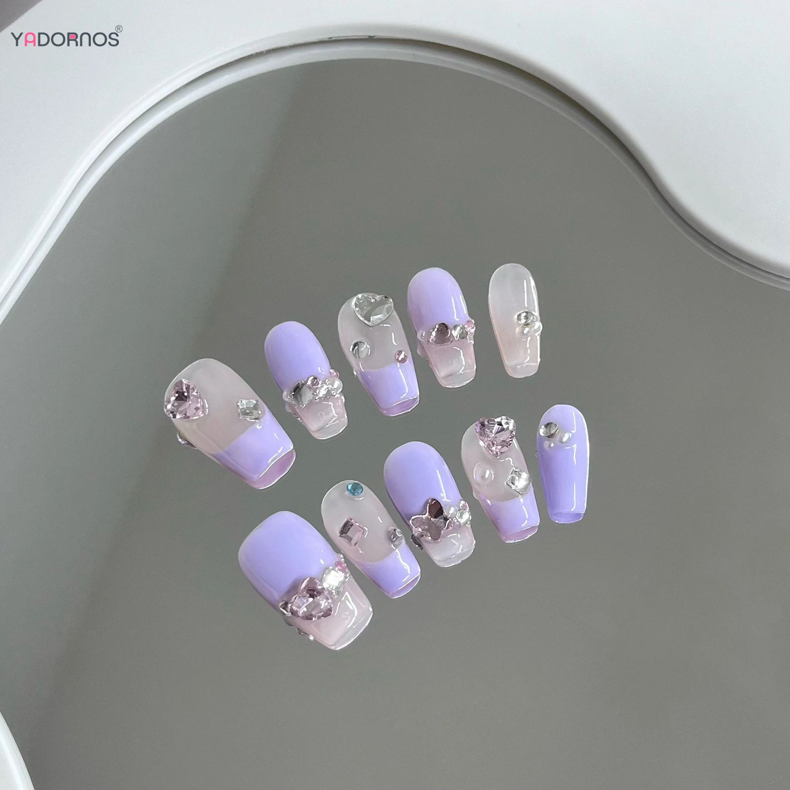 Dicas de unhas postiças artesanais bailarina, estilo francês roxo, pressione unhas, decoração de diamante, mulheres e meninas, 10 peças