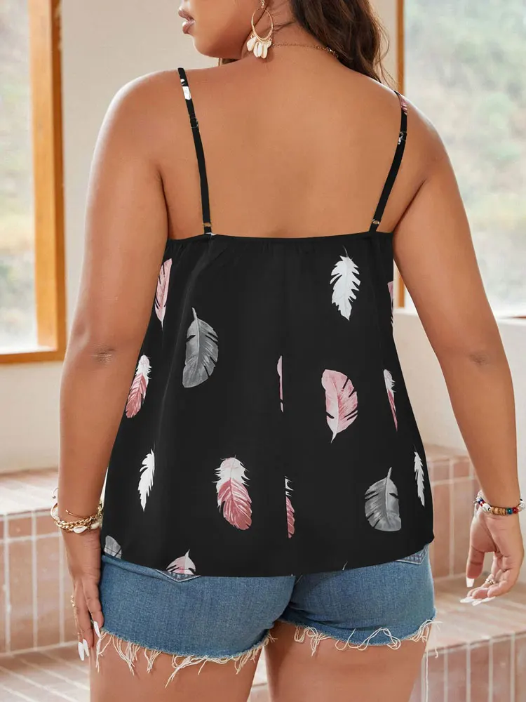 Women's Curve Feather Pattern Knit Tanks and Camis Casual Backless Printed U-Neck Black Female Clothing, Plus Size Free Shipping