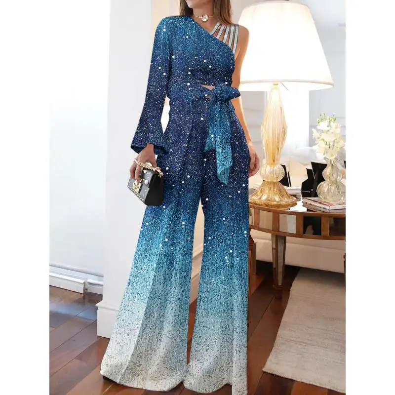  New High Waist Wide Leg  Women's Long Sleeve Single Shoulder Flashy Commute Style Polyester Jumpsuit