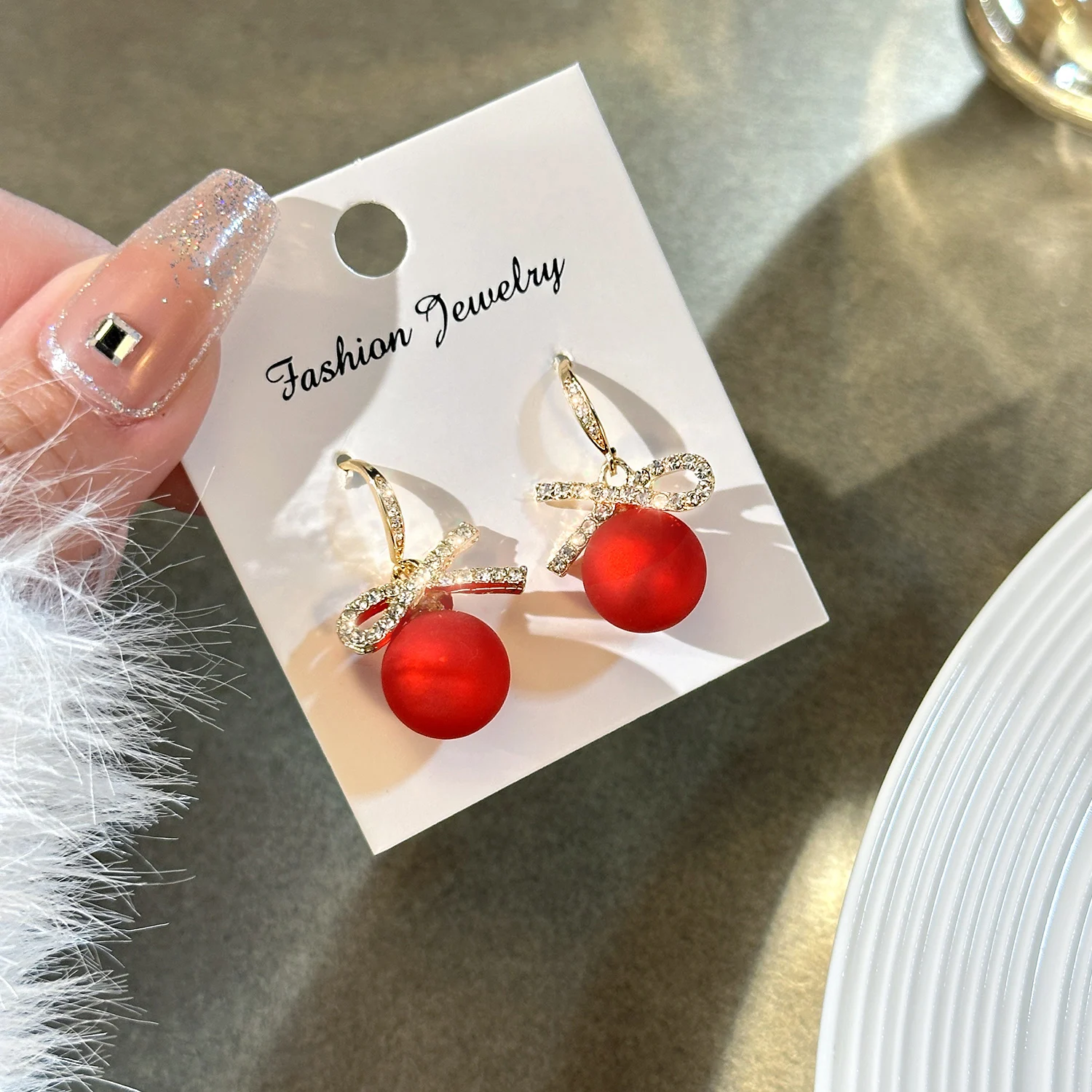 New Fashion Crystal Bow Knot Dangle Earrings For Women Red Pearl Heart Zircon Earring Christmas New Year Festival Jewelry Gifts