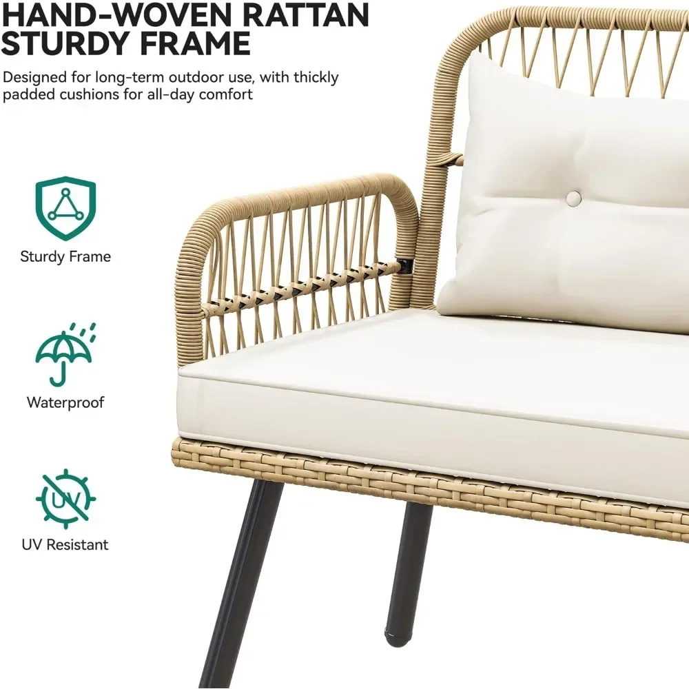 XMSJ Set furnitur taman teras 8 buah, Set furnitur bentuk L, Set perabotan rotan semua cuaca dengan bantal kursi lembut, Set furnitur taman