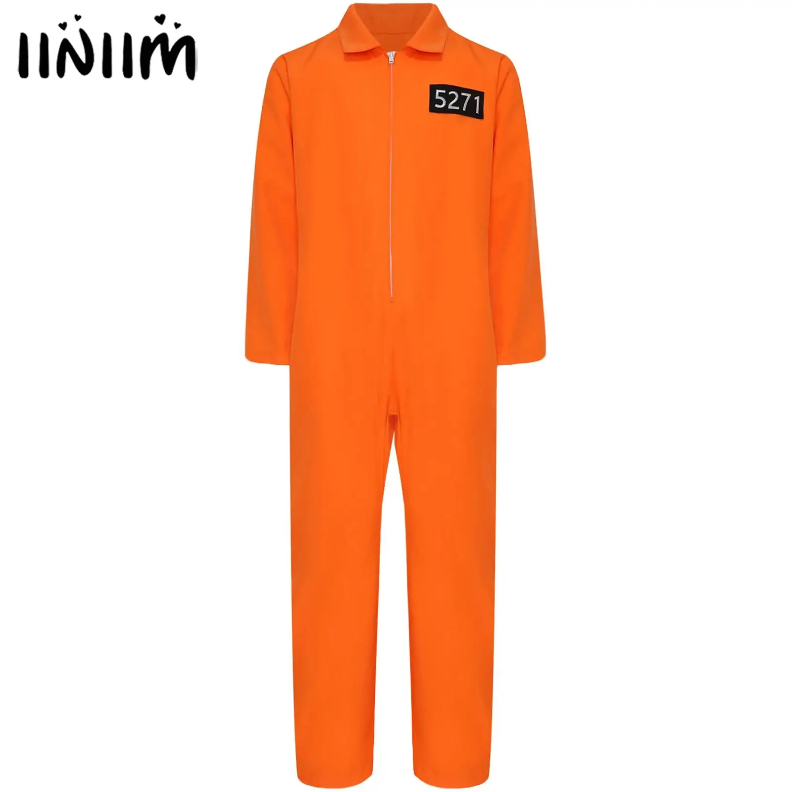 زي تنكري لشخصية سجين بسحاب برتقالي للأولاد والبنات بأكمام طويلة وسحّاب وزرة بدلة قفز على شكل طائر السجن