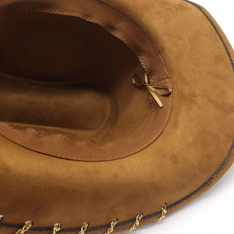 Trendiger Western-Cowboyhut für Männer und Frauen mit Metallkette, breiter Krempe, Wildleder-Visier, modische Jazz-Kappe – Detail 7