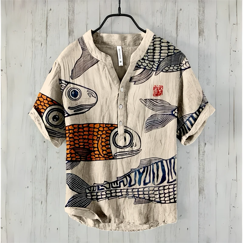 Spring and summer men\'s and women\'s shirts, fashionable shirts, casual fish pattern Hawaiian style printed shirts, linen tops